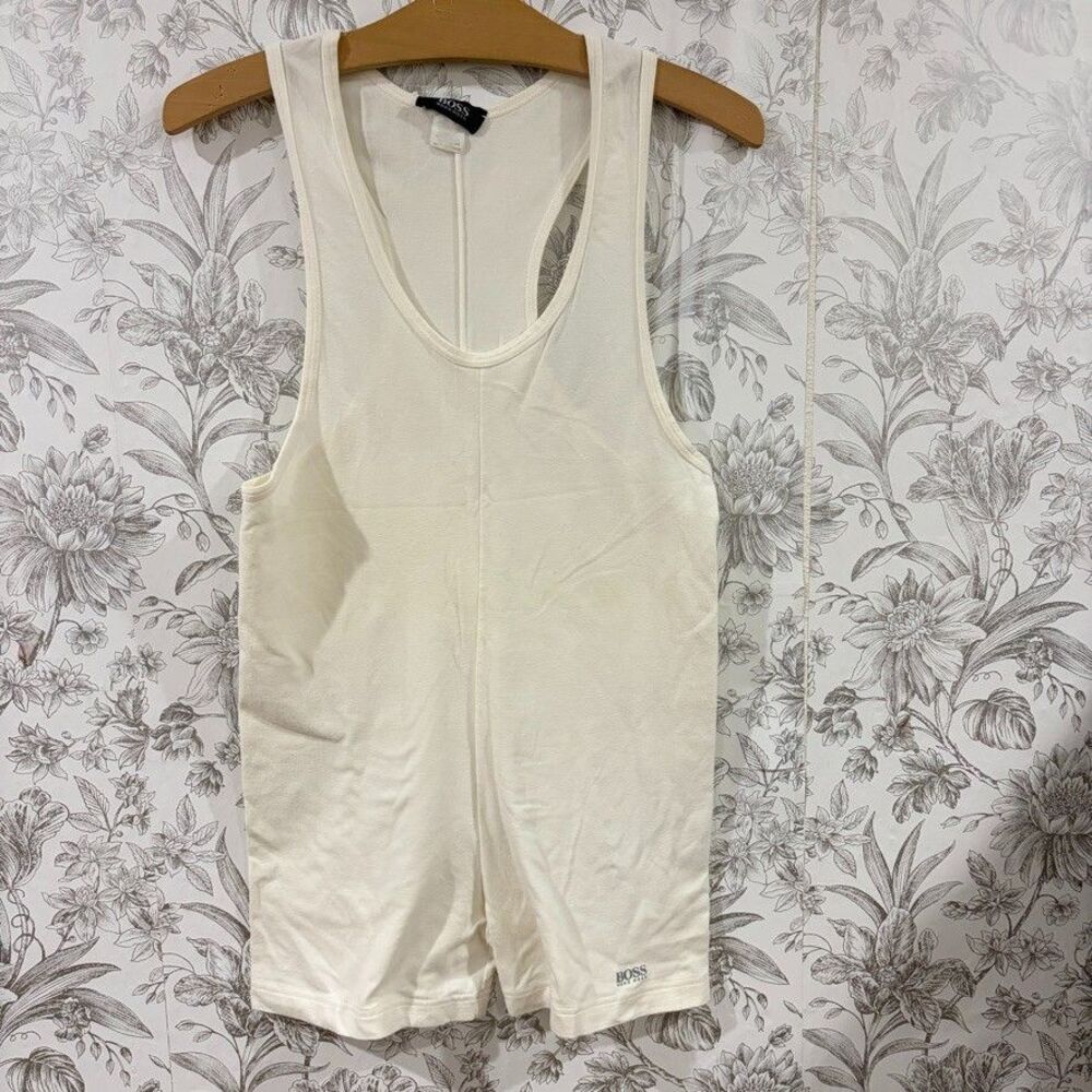 VTG Hugo Boss Womens White Cream Romper Tank Top Stretch Shorts Cotton Sz Small?